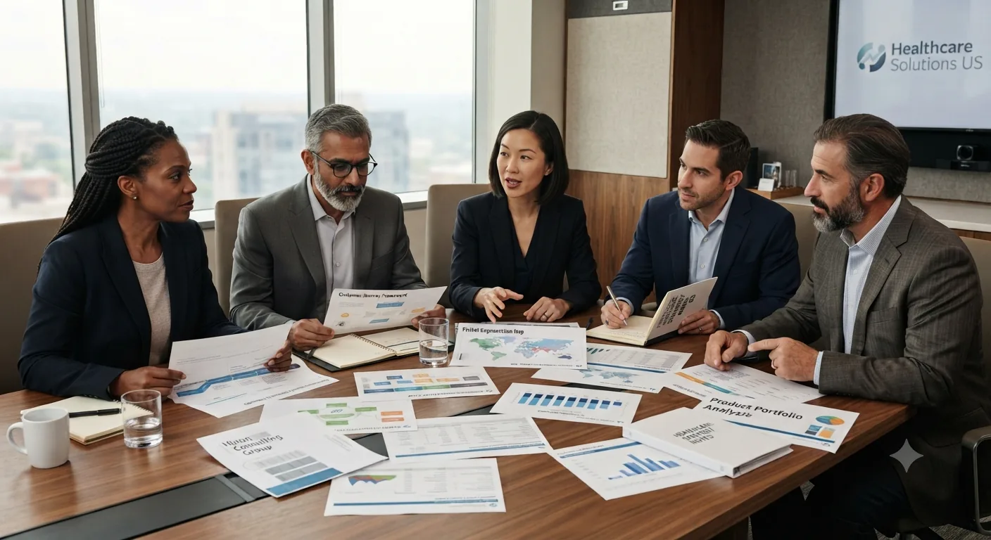 Healthcare executives discussing commercial strategy and market priorities