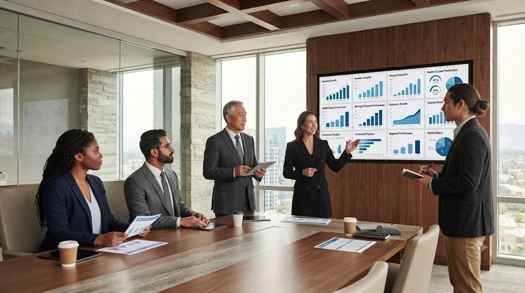 Executive team reviewing commercial performance dashboards during a strategy discussion
