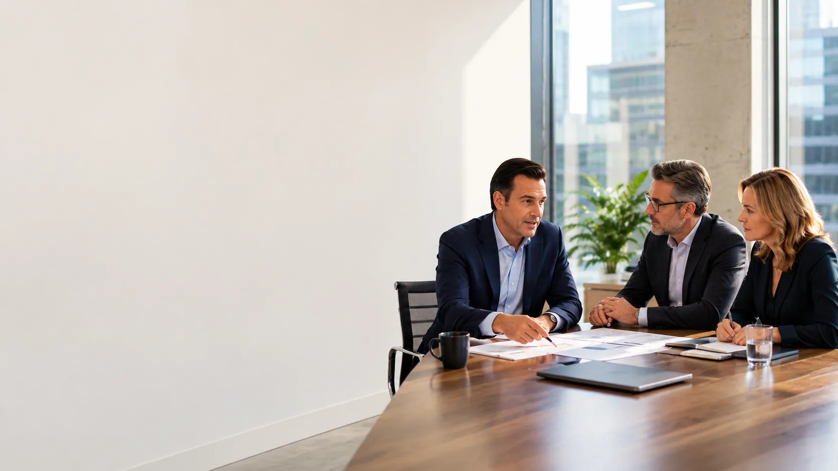 Healthcare executives discussing commercial priorities in a boardroom