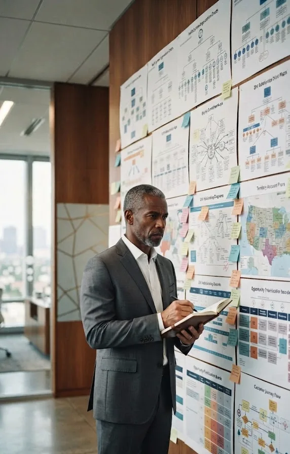 Healthcare sales leader reviewing account plans and market priorities