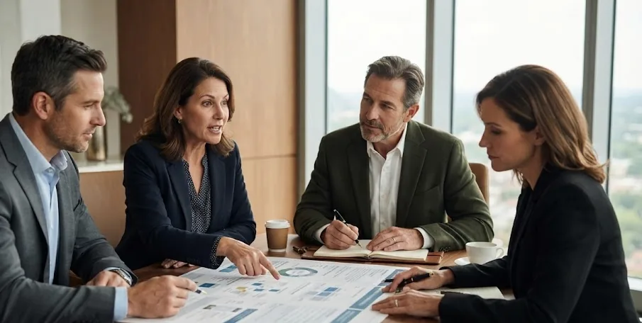 Healthcare executives reviewing sales execution plans around a conference table