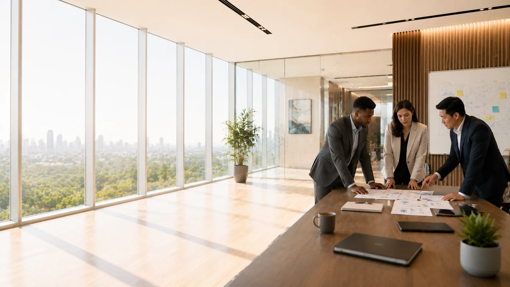 Healthcare executives reviewing growth plans in a bright strategy room