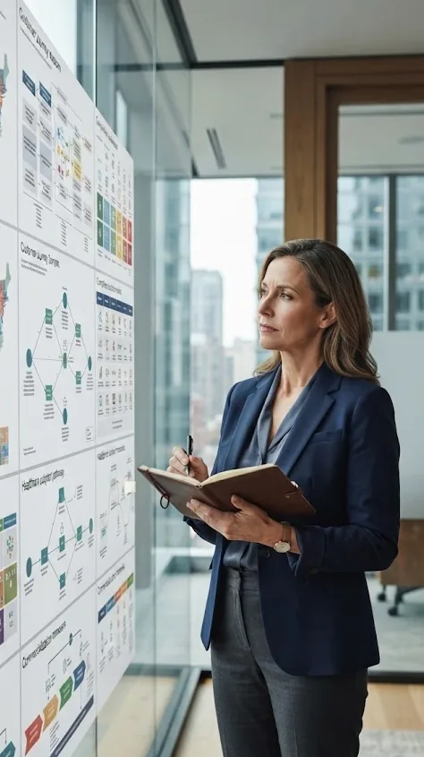 Healthcare marketing leader reviewing customer journey and growth planning materials