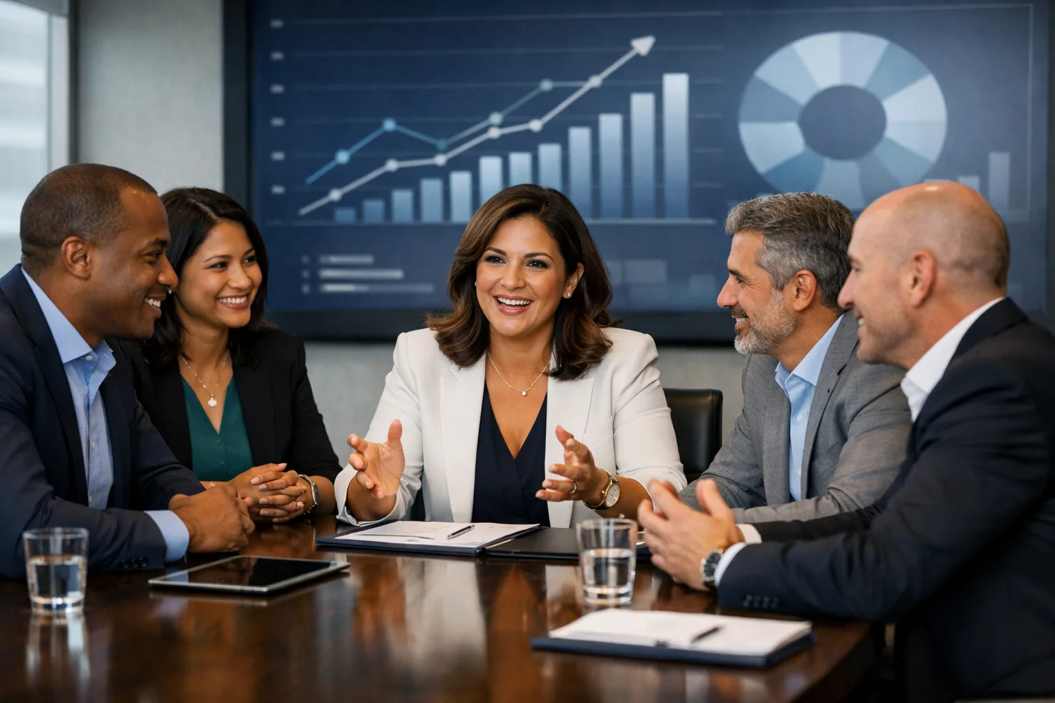 Healthcare executives discussing growth performance and adoption metrics