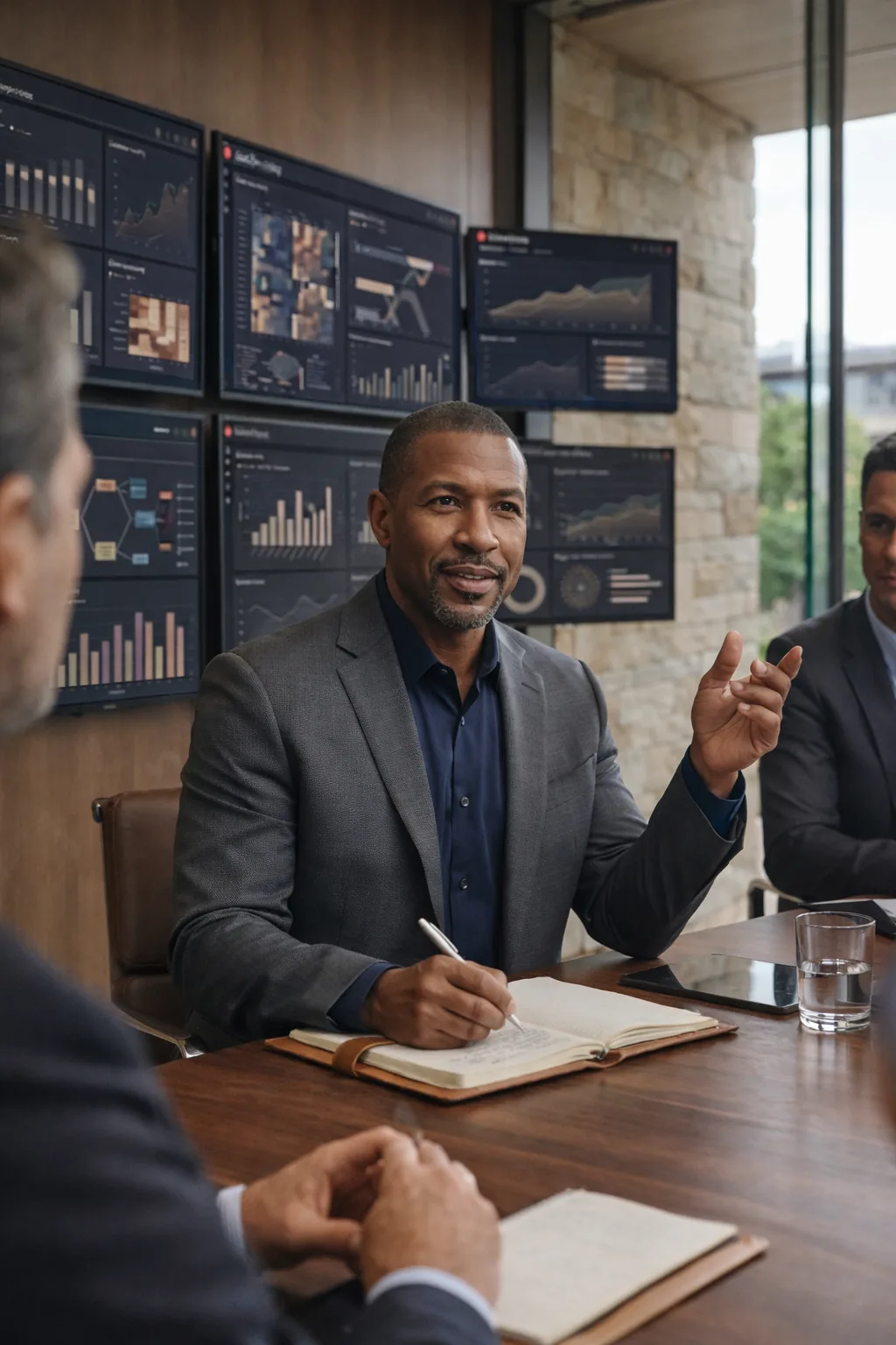 Healthcare executive discussing AI-enabled commercial performance dashboards