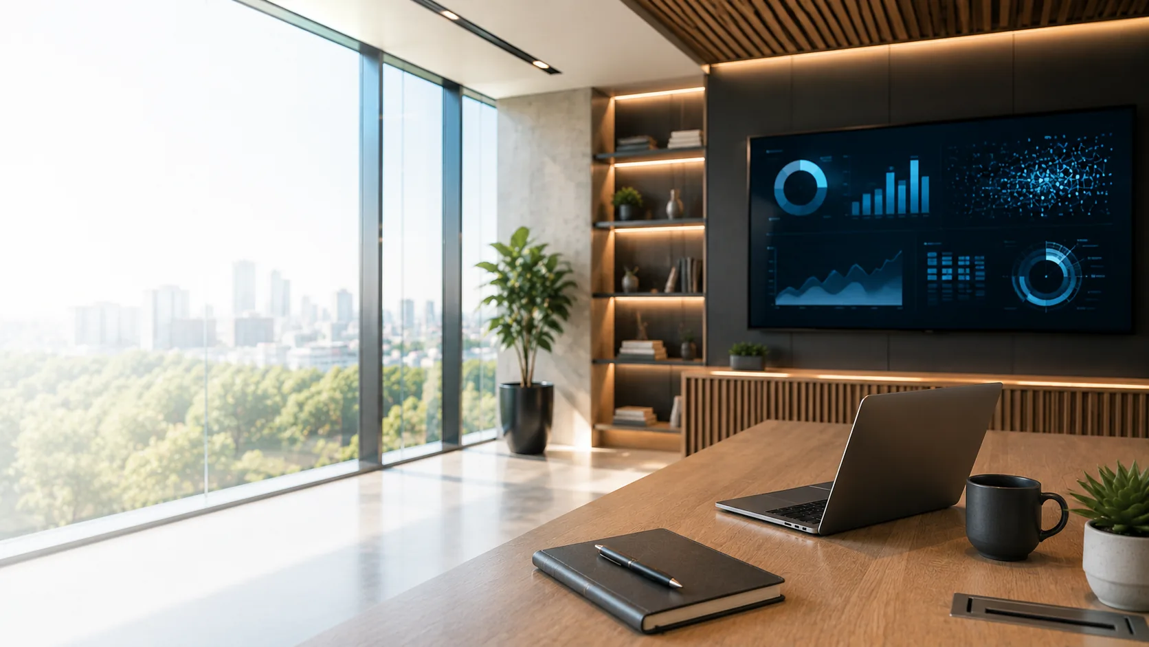 Executive conference room prepared for AI-enabled commercial analytics work