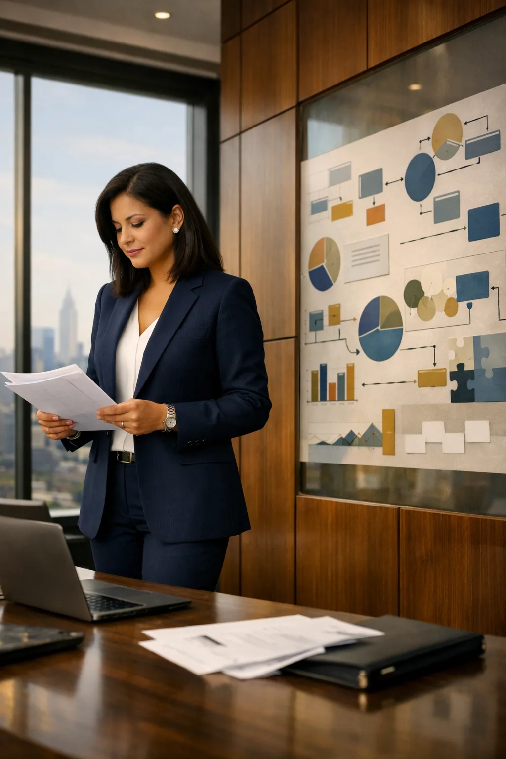 Healthcare executive reviewing strategic decision materials beside operating diagrams