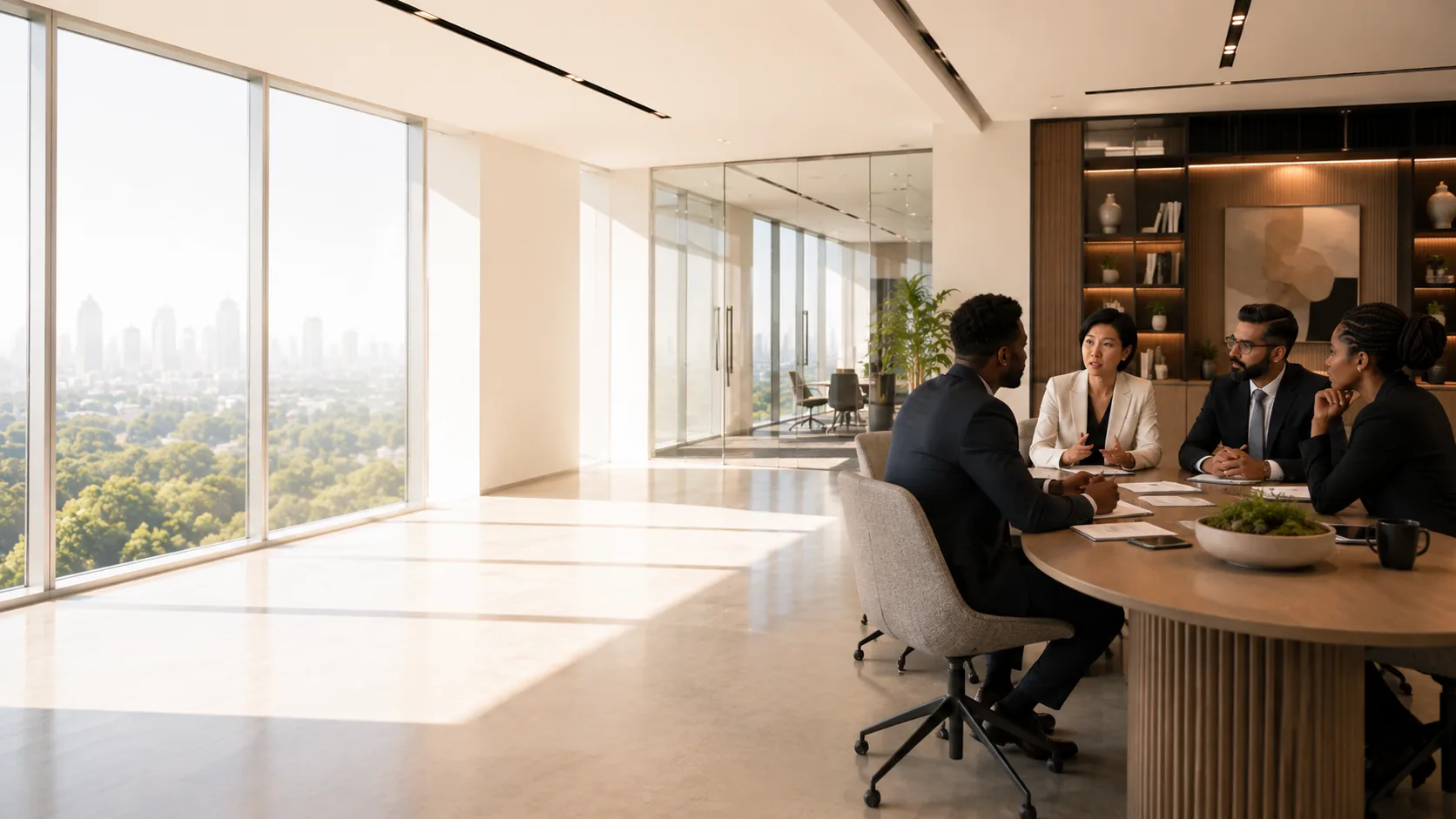 Healthcare executives in a senior advisory discussion in a bright boardroom