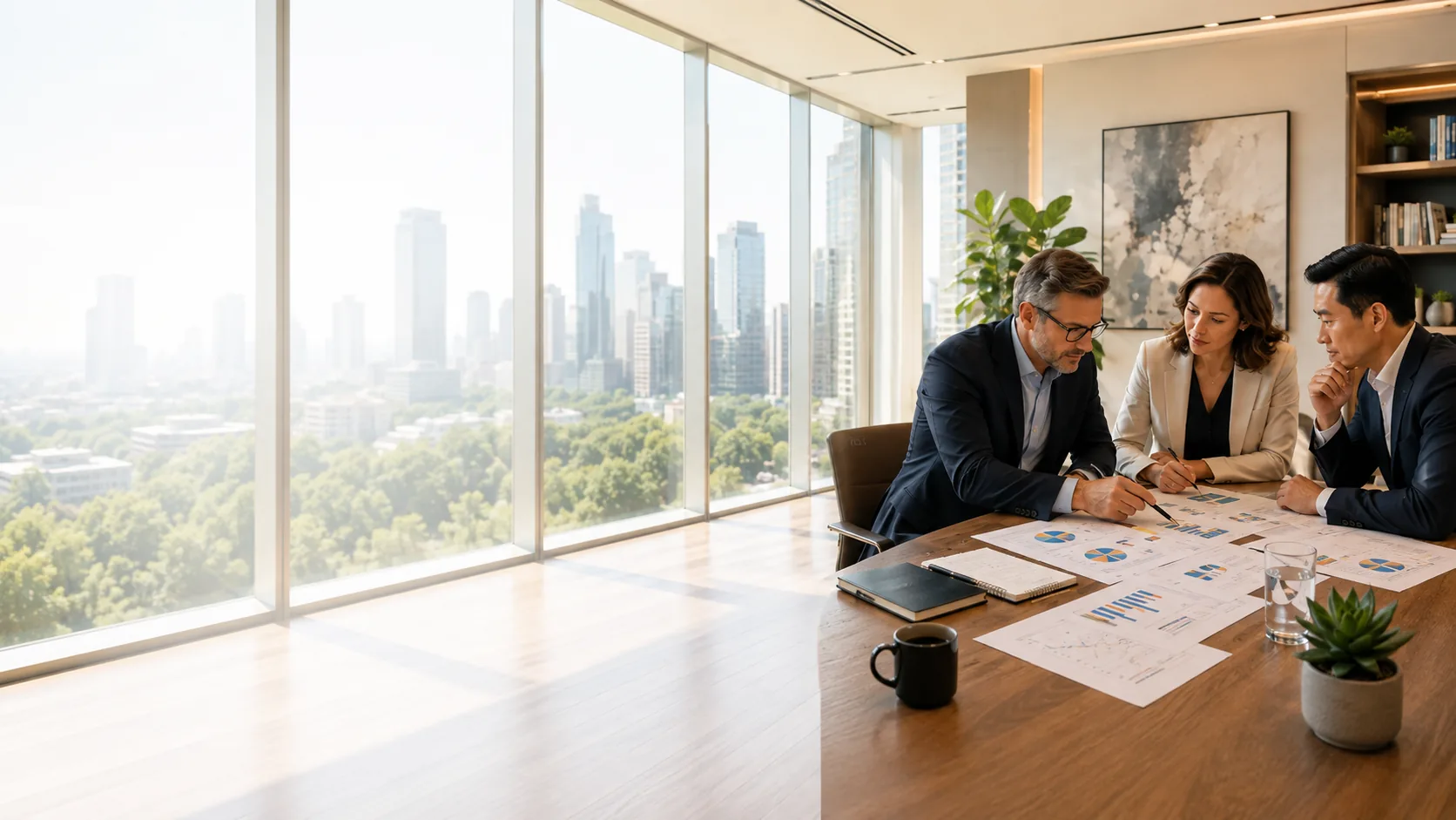 Healthcare executives reviewing commercial operations and performance priorities in a conference room