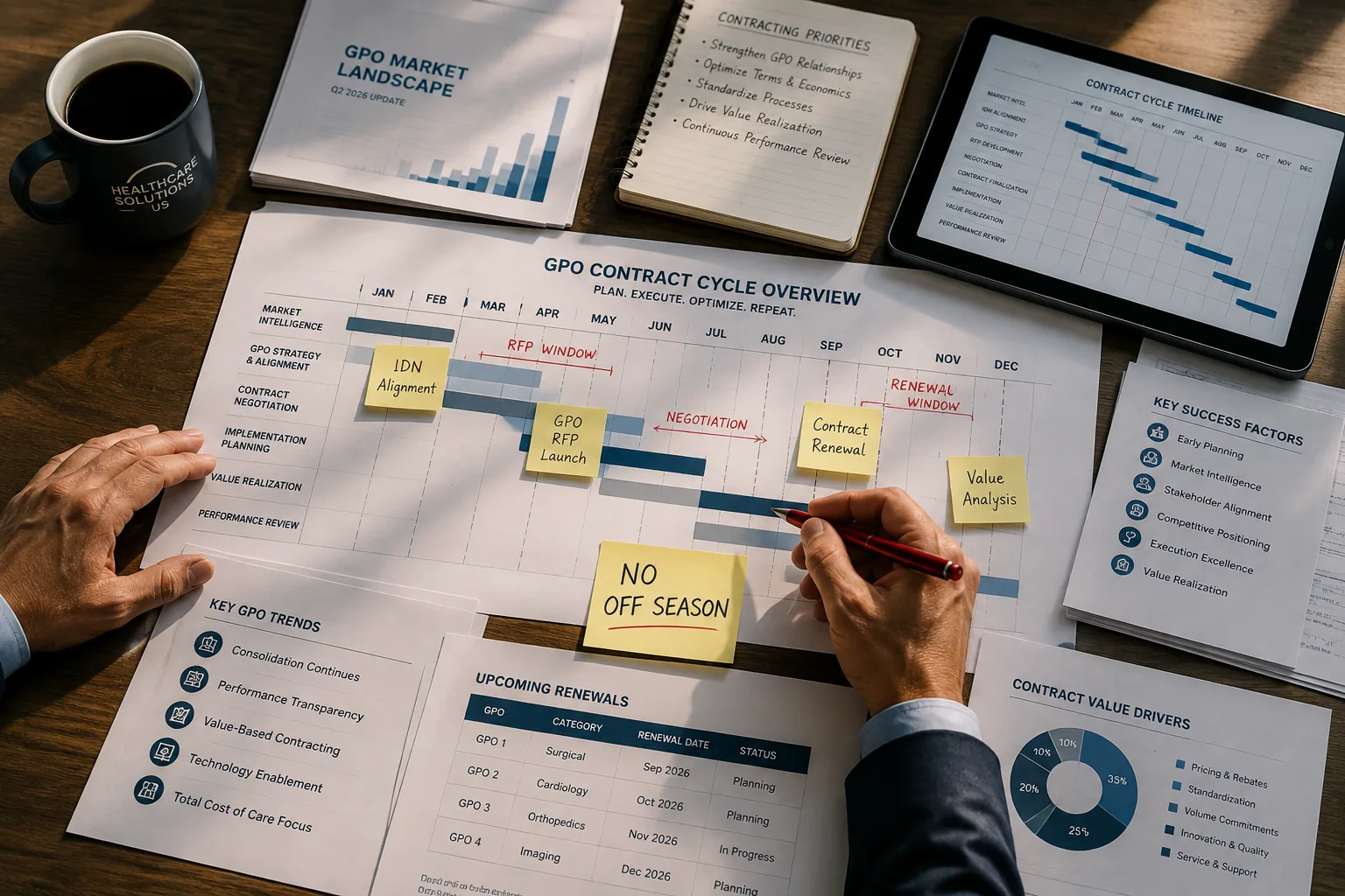 GPO and IDN contract cycle planning materials arranged on an executive desk
