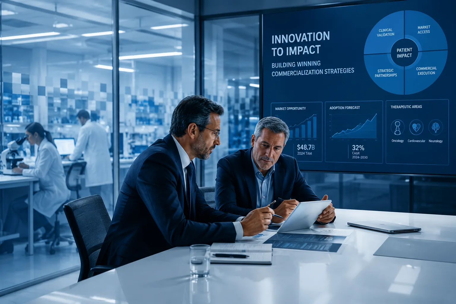 Healthcare commercialization leaders reviewing market access and adoption priorities in a clinical innovation setting