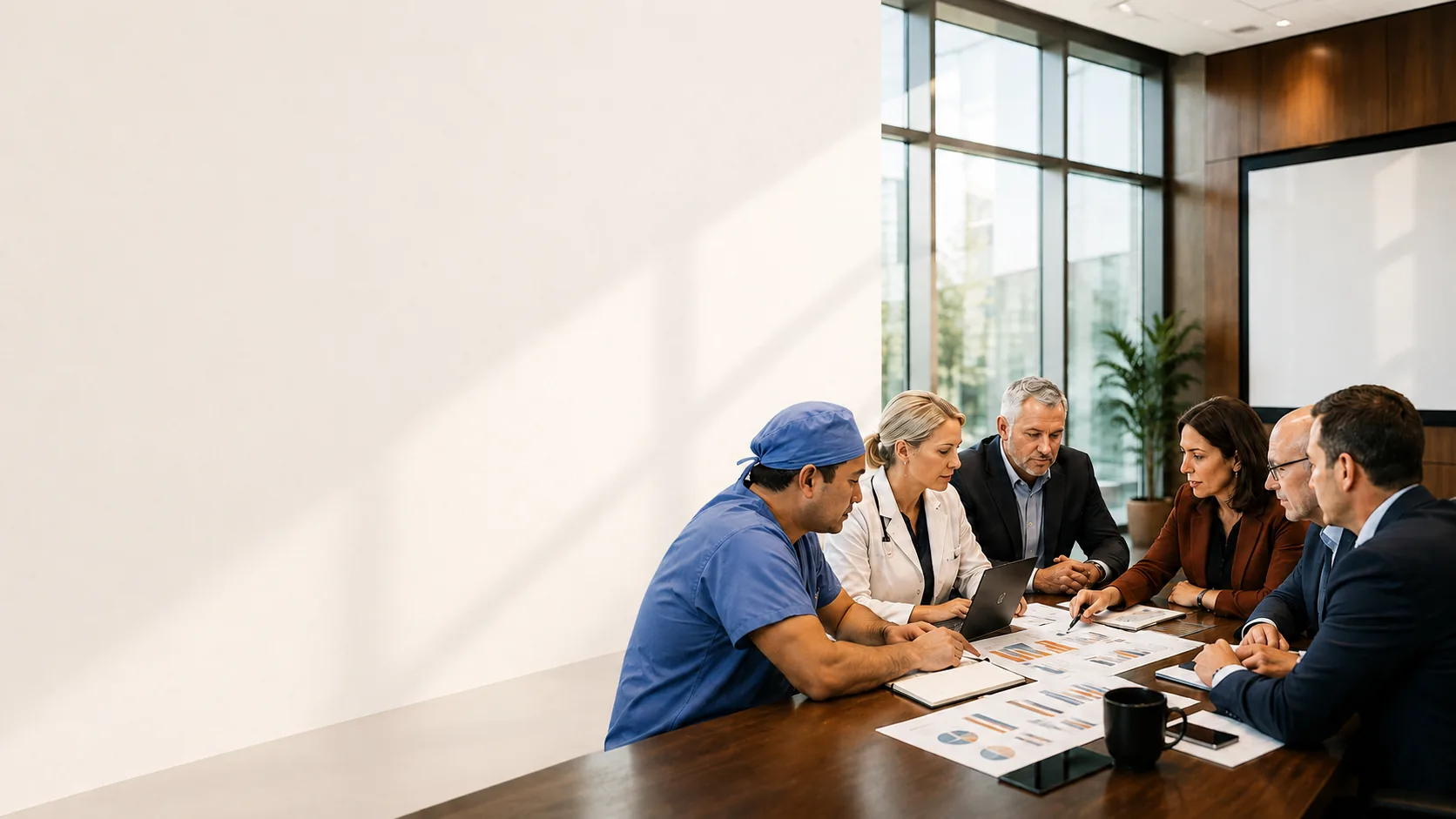 Clinical and executive leaders reviewing healthcare commercialization priorities in a boardroom
