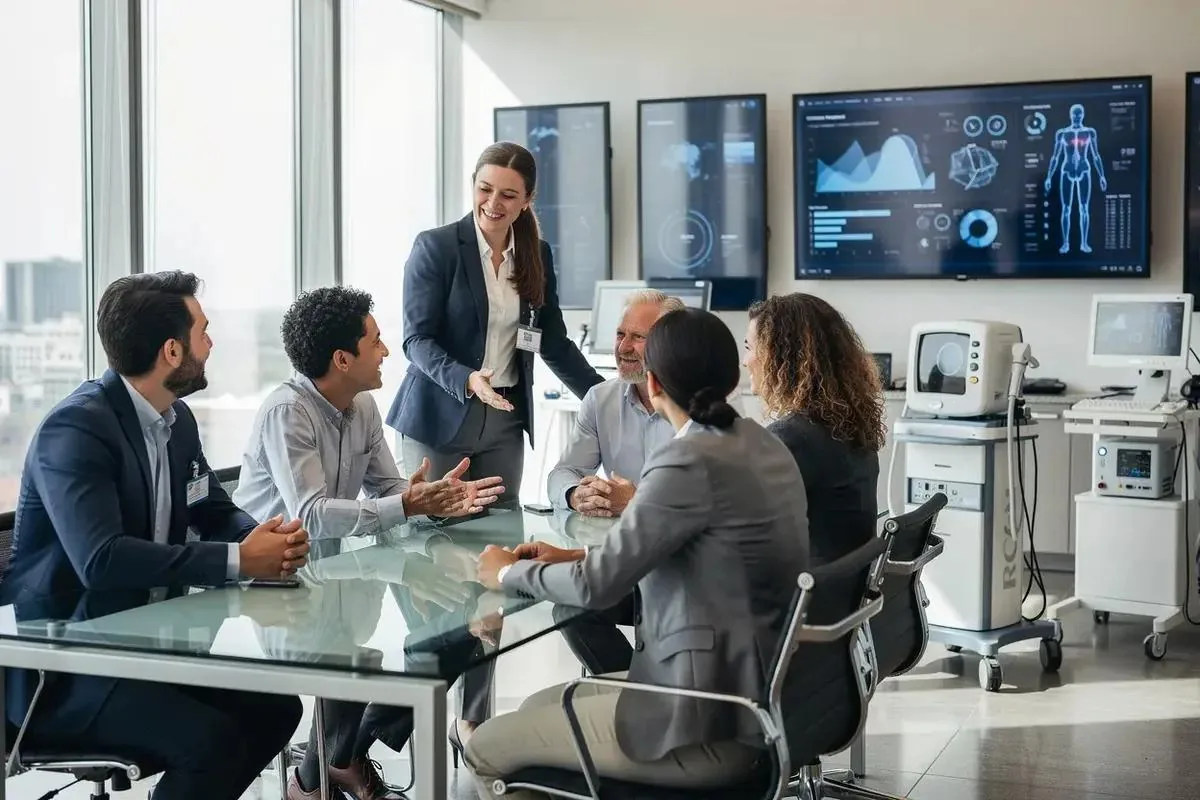 Healthcare commercial and clinical leaders discussing adoption priorities in a technology-enabled clinical setting