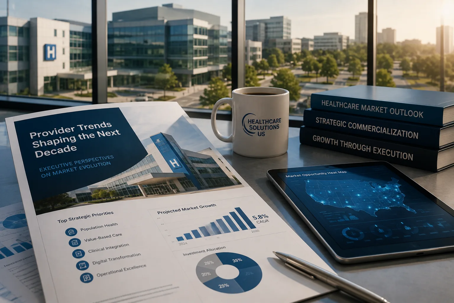 Healthcare market outlook materials and commercialization planning tools arranged in an executive workspace