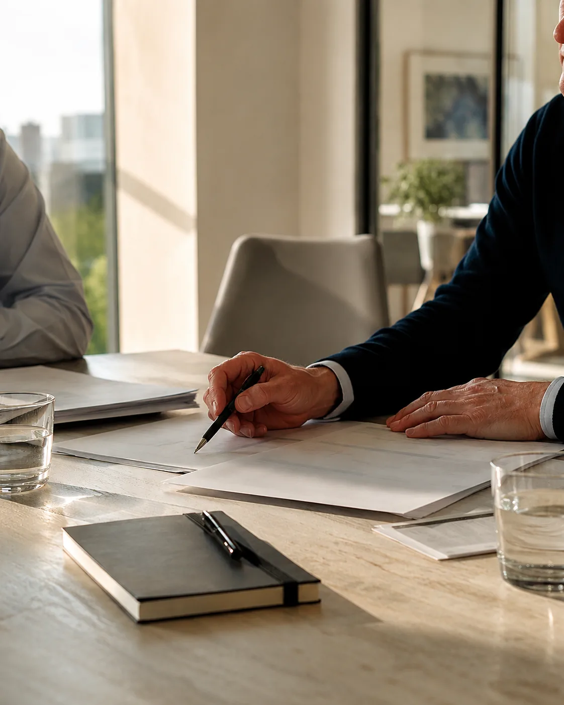 Executive hands reviewing commercial planning documents during a working session